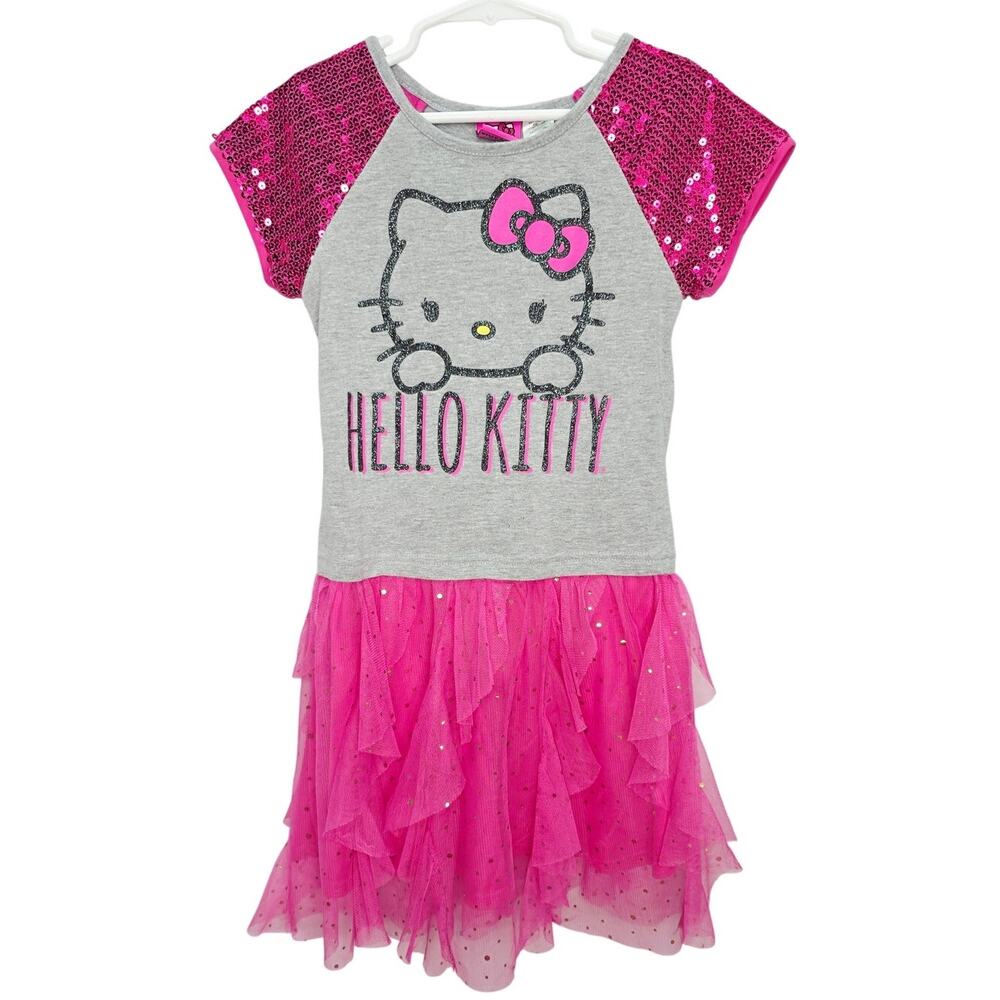 Hello Kitty Girls Pink Tutu Dress Sequin Sleeves Graphic Party Dress Size 7/8